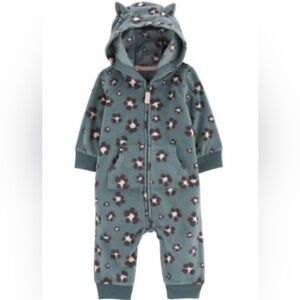 Carter's|Baby girl,toddler fleece turquoise animal leopard print full zip onesie